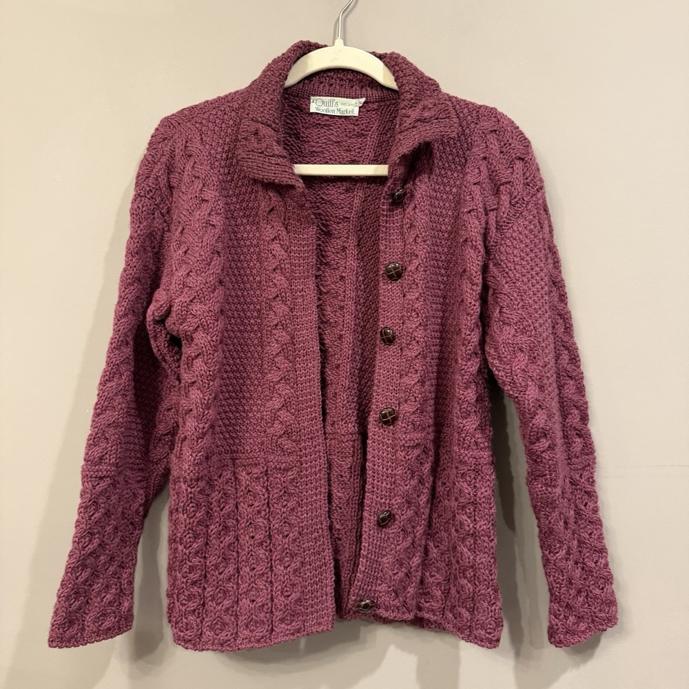 Vintage Quills Woolen Market Purple Cardigan Small Fisherman Cableknit